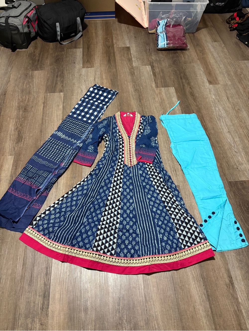 Navy Blue & Pink Printed Anarkali Dress with Matching Dupatta